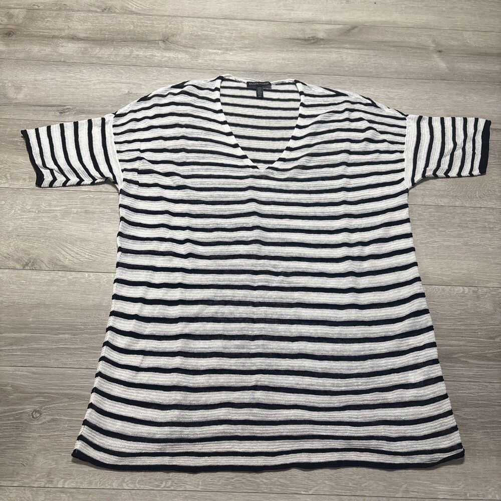Eileen Fisher Black and White Striped Organic Linen V-Neck Tunic Women's Small